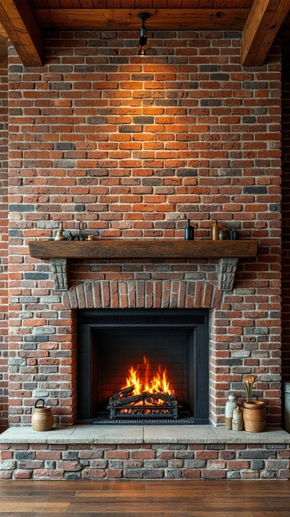 A cozy brick fireplace with a wooden mantel and warm flames
