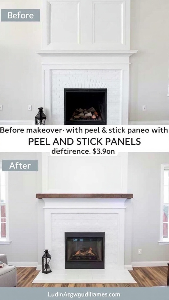 Before and after image of a fireplace makeover using peel and stick panels.