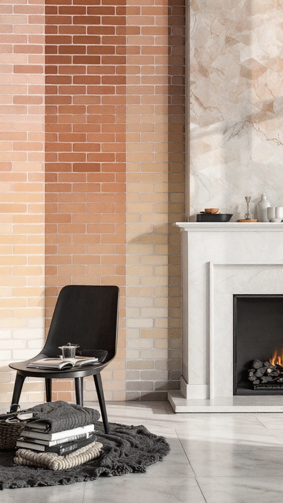 A wall with bricks in various warm tones, illustrating a fireplace makeover.