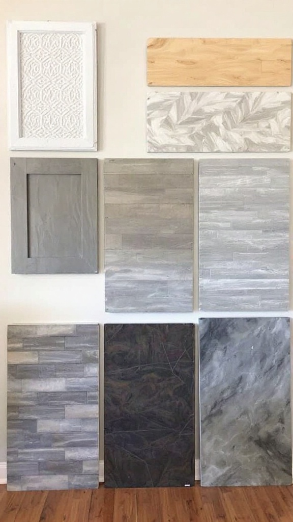 Display of various peel and stick fireplace panels in different styles and colors