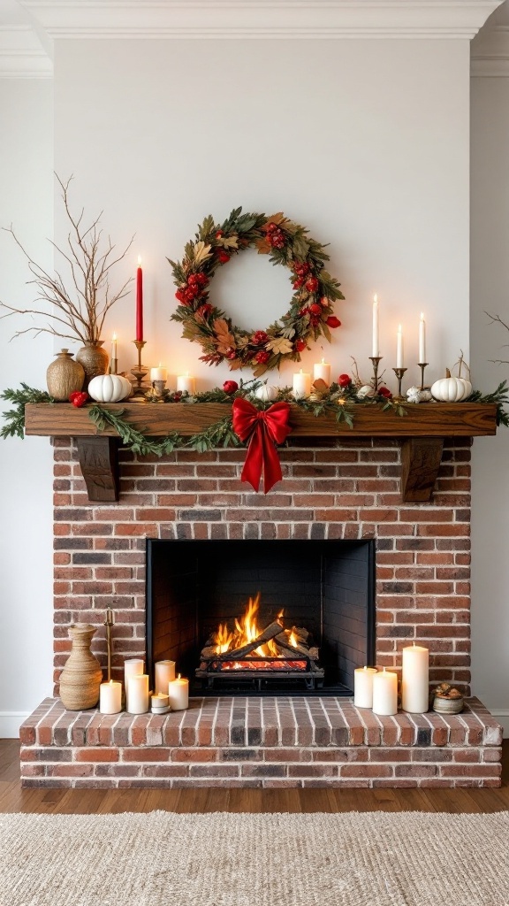 Cozy mantel display above a brick fireplace decorated with a wreath, candles, and pumpkins.