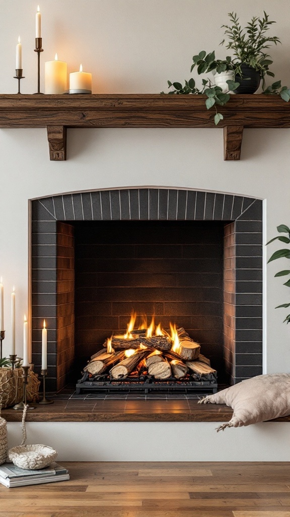 A cozy fireplace with dark tiles, wooden mantel, candles, and stacked logs.