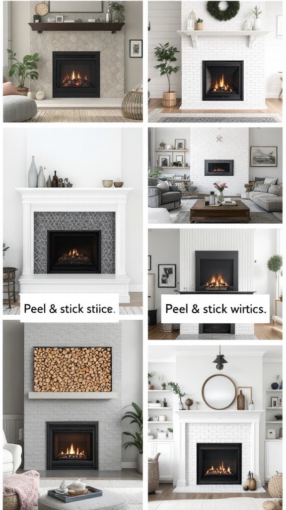 Various styles of peel and stick fireplace makeovers