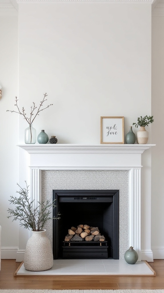 A stylish mantel decor featuring vases, a framed art piece, and a stacked wood display.