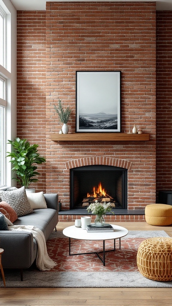 Cozy living room with a full wall brick fireplace, modern furniture, and minimalistic decor.