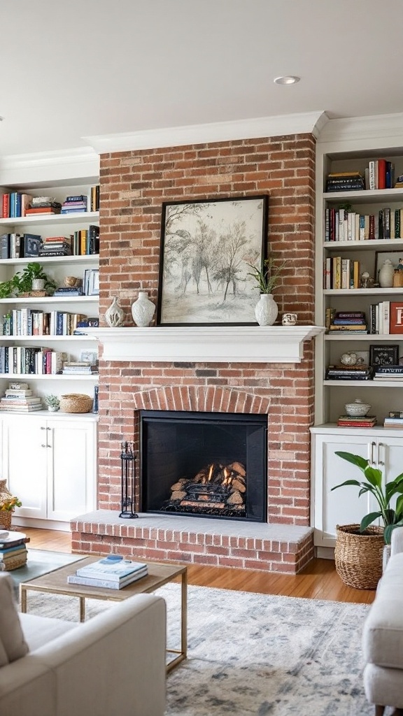 A cozy living room featuring a brick fireplace with shelving on either side, showcasing books and decorative items.