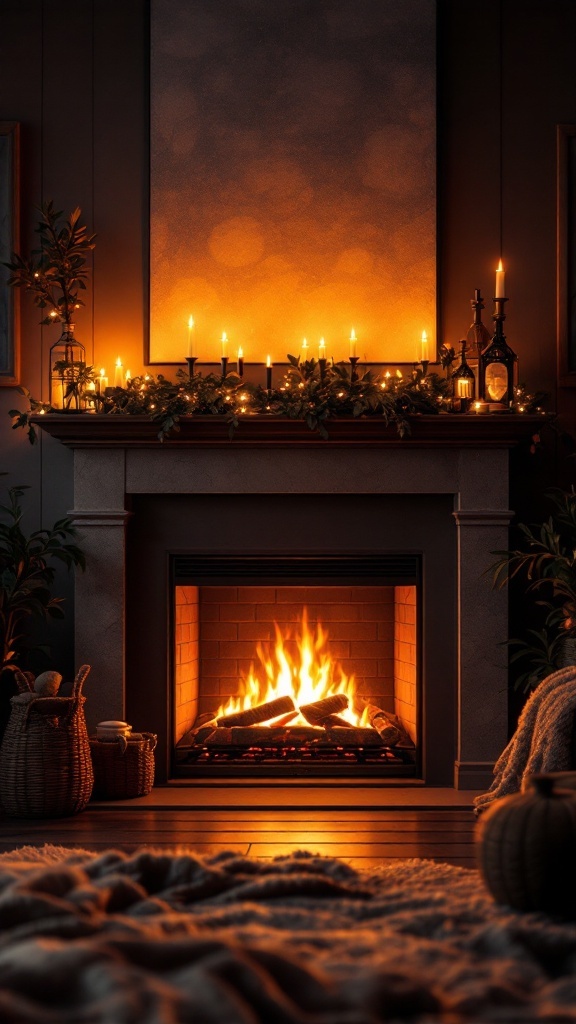 Cozy fireplace area with a crackling fire, decorated mantel with candles and greenery.