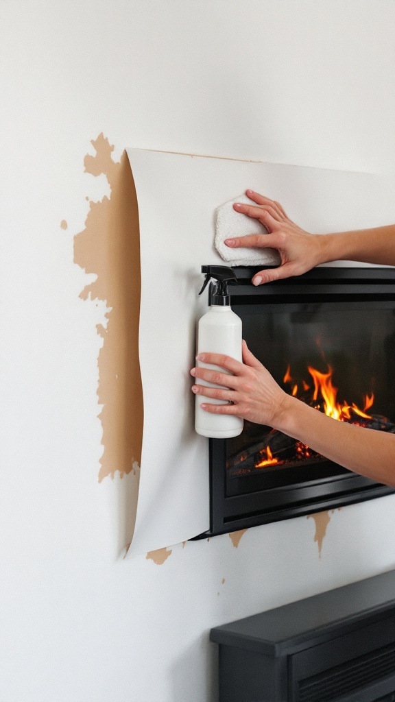 A person applying peel and stick material to a fireplace wall, showing a maintenance process.