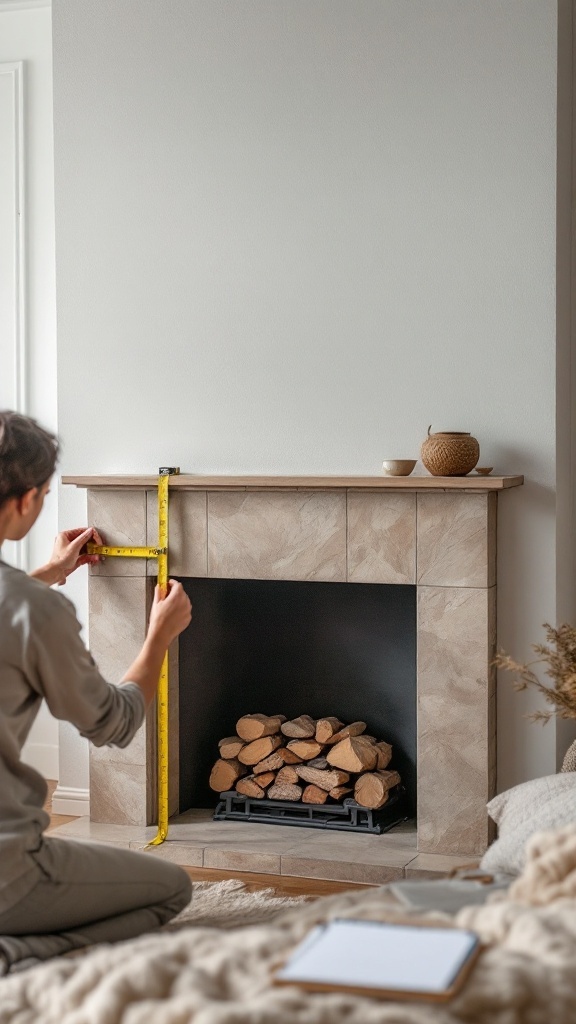 A person measuring a fireplace with a tape measure, preparing for a peel and stick makeover.