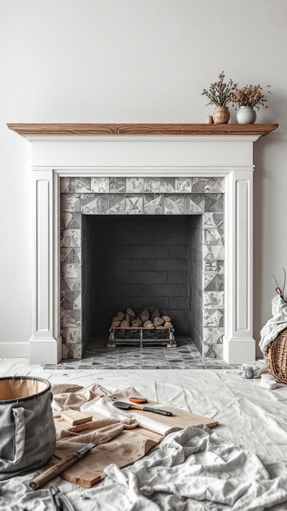 A clean and organized fireplace ready for a makeover, with tools and materials laid out.