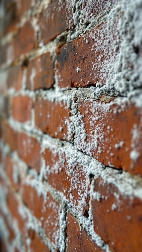 Close-up of old brick wall showing texture and white residue.
