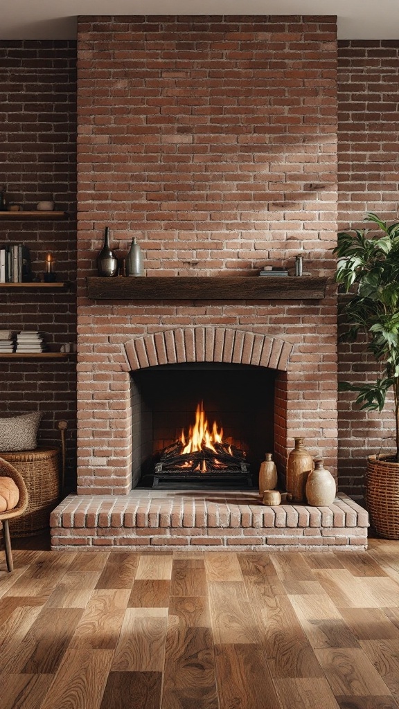 A full wall brick fireplace with a cozy wooden floor.