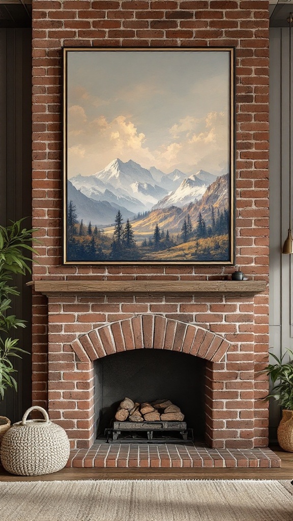 A full wall brick fireplace with a landscape painting above it, surrounded by greenery and decorative items.