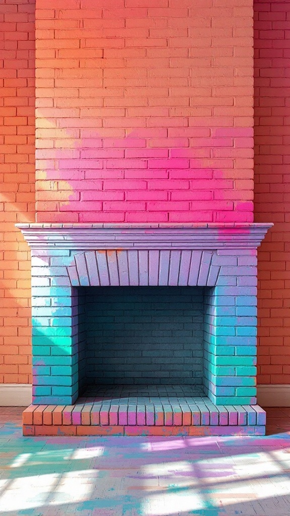 A colorful brick fireplace with a gradient design, showcasing shades of orange, pink, and blue.