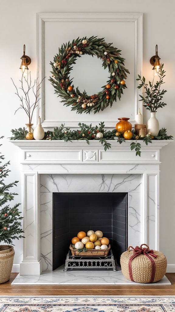 A marble fireplace with seasonal decor featuring a wreath, vases, and a basket.