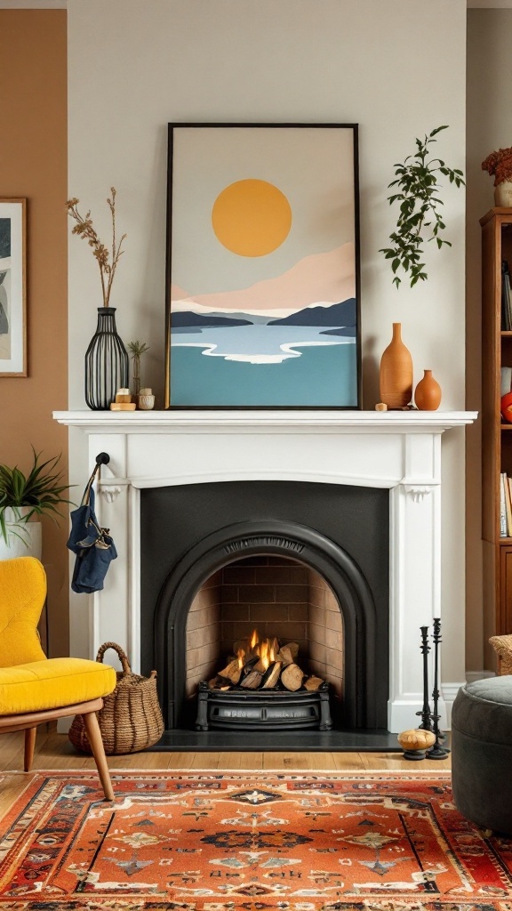 Cozy mid-century fireplace with a colorful decor setup