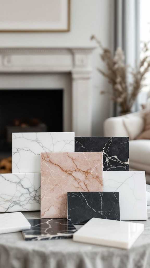 Various marble samples for a fireplace makeover, featuring white, black, and pink options.