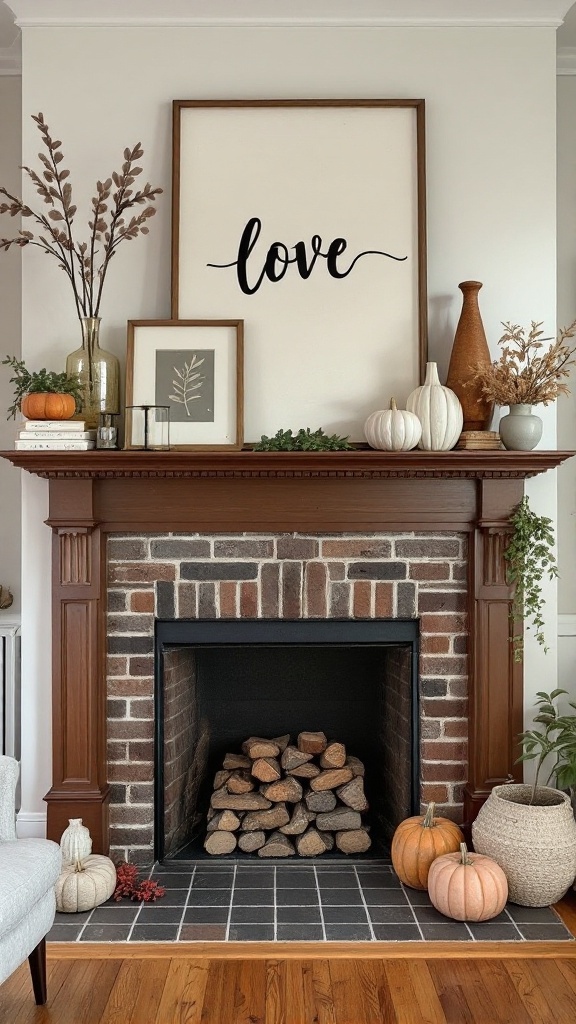 Cozy fireplace mantle decorated with a love sign, pumpkins, and greenery