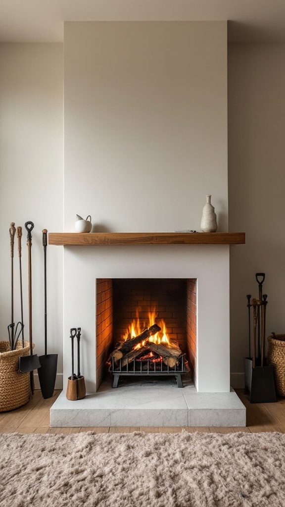 A mid-century fireplace with a warm fire, surrounded by functional accessories like woven baskets and fireplace tools.