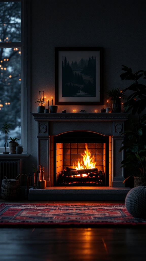 A cozy living room with a lit fireplace and ambient lighting, featuring plants and artwork.