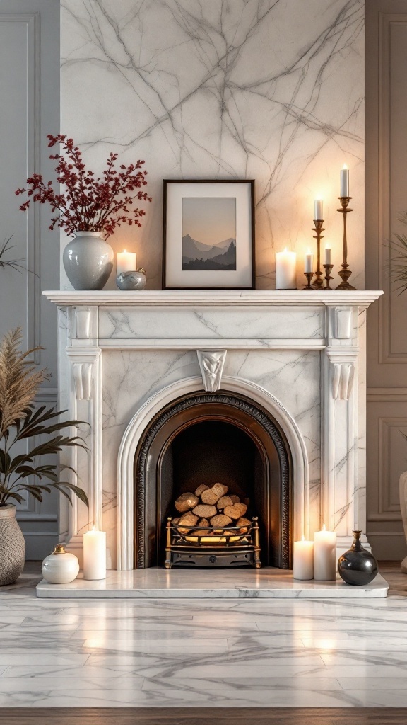 A beautifully decorated marble fireplace with flowers, candles, and art