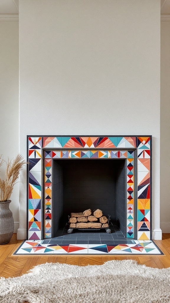 A mid-century fireplace beautifully adorned with colorful geometric tiles.