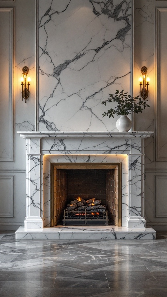 A stylish marble fireplace with elegant wall sconces and under-lighting, showcasing a dramatic ambiance.