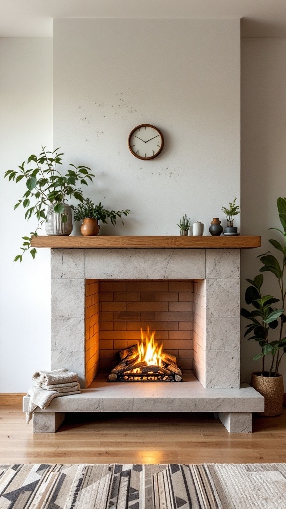 A stylish mid-century fireplace with natural stone, a wooden mantel, a cozy fire, and plants on display.