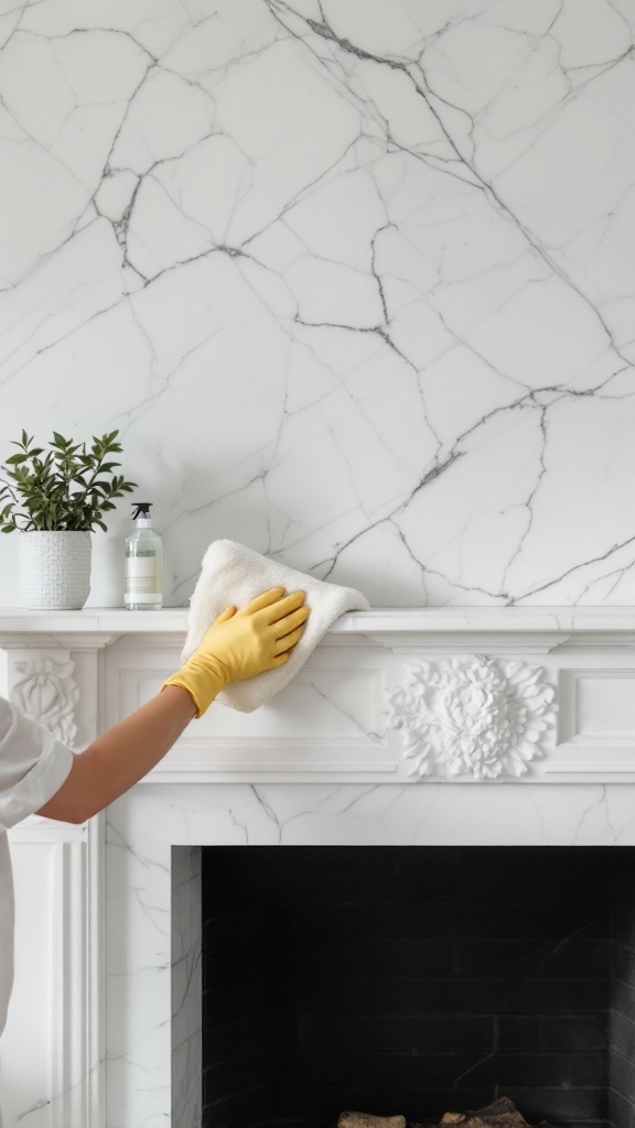 A person cleaning a marble fireplace with a yellow glove and a soft cloth