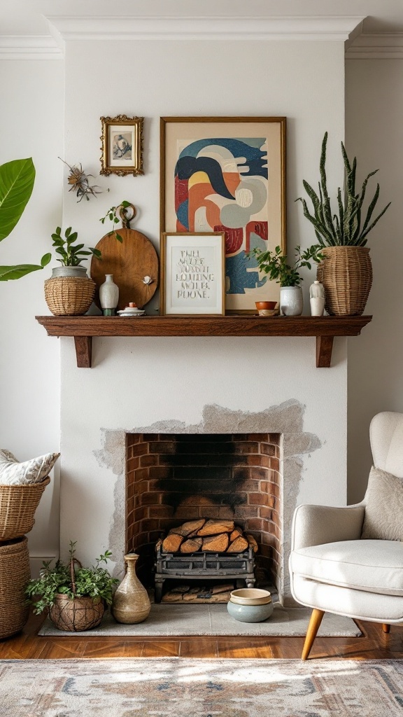 A cozy fireplace setup with a mix of vintage and contemporary decor, featuring plants, artwork, and a wooden mantel.