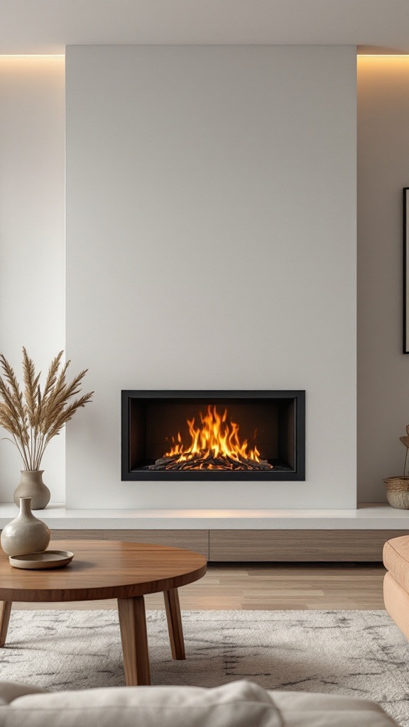 A modern minimalist fireplace setup featuring a sleek black fireplace insert, neutral walls, a round wooden coffee table, and subtle decor.