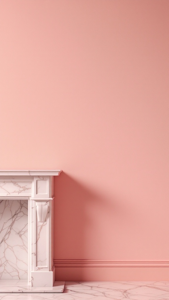 Interior scene featuring a marble fireplace against soft peach-colored walls.