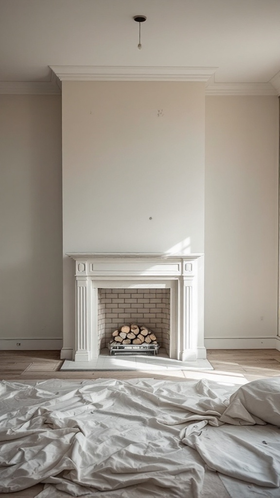 A marble fireplace in an empty room, covered with a drop cloth, ready for a makeover.