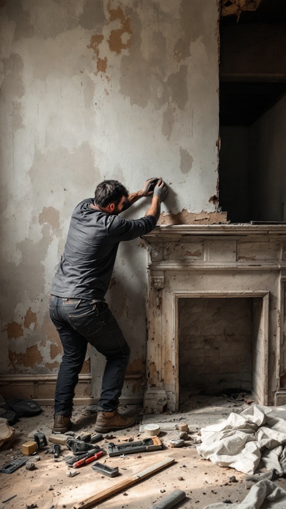 A person removing old materials from a fireplace, surrounded by tools and debris.