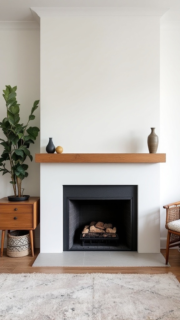 A mid-century fireplace with a black surround, wooden mantel, and decorative items, set against white walls and complemented by a green plant.