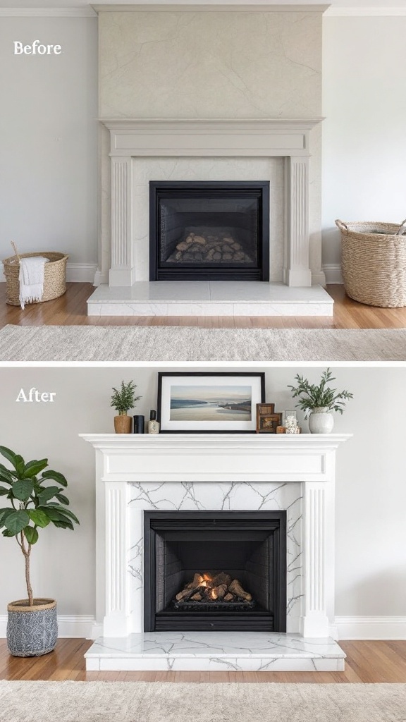 Before and after transformation of a marble fireplace, showcasing a plain design transitioned to an elegant marble style with decor