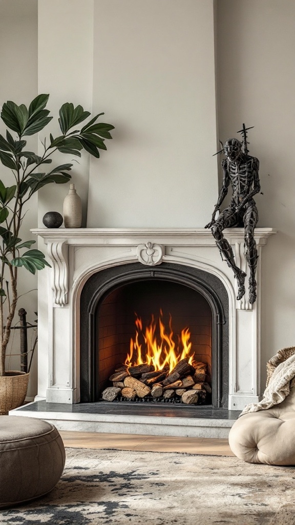 A mid-century fireplace with elegant design, surrounded by plants and a unique sculpture.