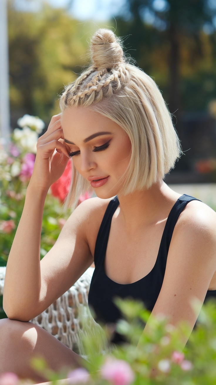 A woman with short hair styled in a braided top knot, surrounded by flowers.