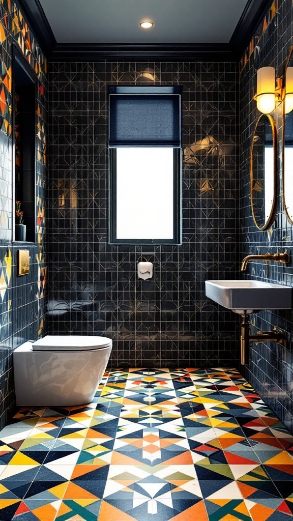 A modern bathroom featuring bold geometric patterned tiles on the floor and walls, paired with white fixtures and stylish decor.