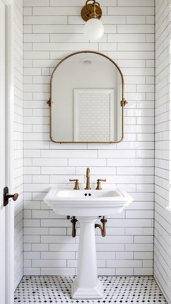 A bathroom featuring classic white subway tiles, a vintage pedestal sink, and bronze fixtures.