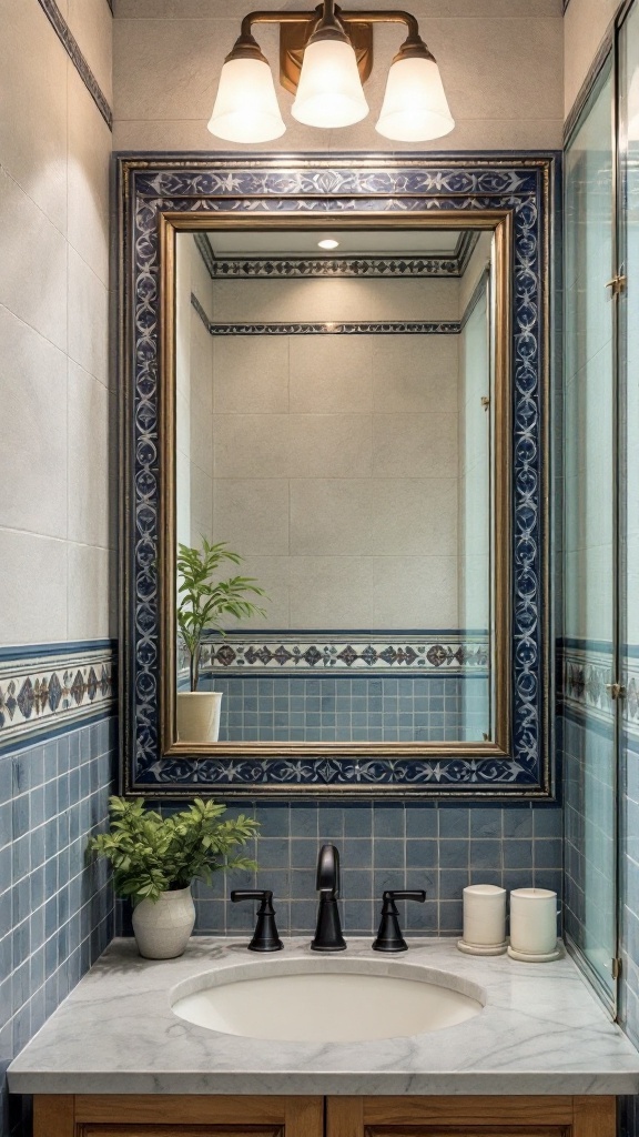 A bathroom featuring blue border tiles framing a mirror and sink area, with a light fixture above and plants for decoration.