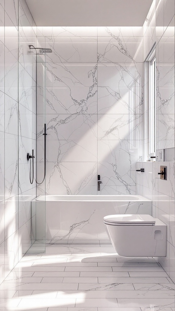 A modern bathroom featuring glossy marble-like tiles on the walls and floor, a bathtub, and a shower area with natural light coming through a window.