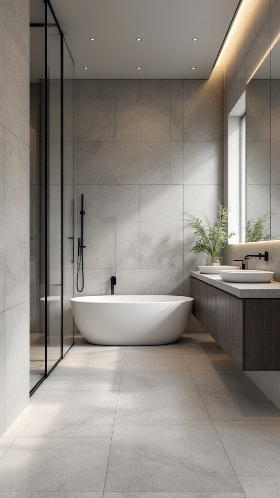 Modern bathroom featuring large format tiles, a white bathtub, and a dark wood vanity.