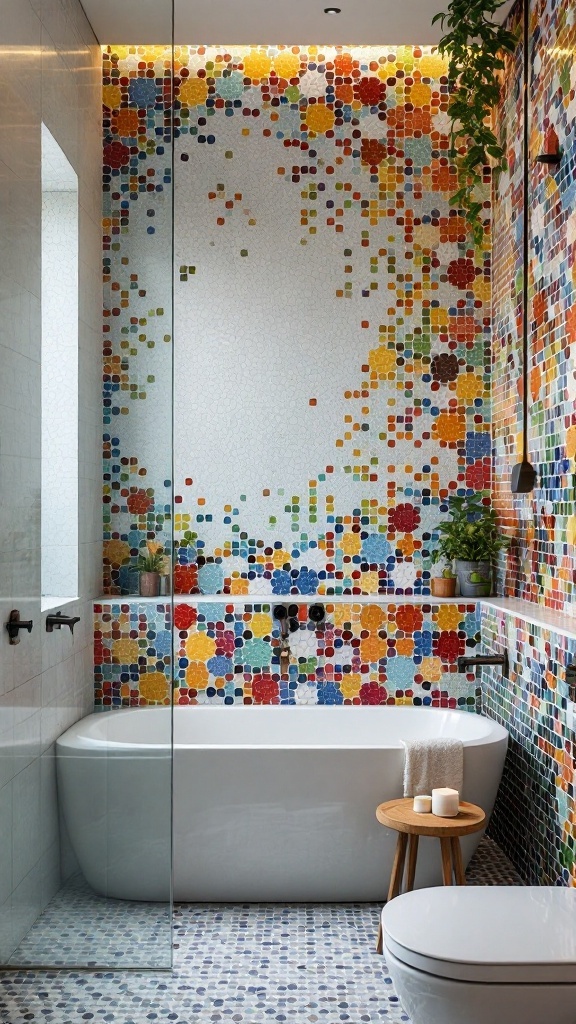 Colorful mosaic tiles in a stylish bathroom with a bathtub