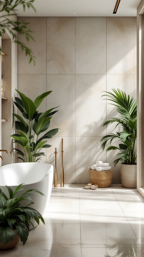 A modern bathroom showcasing natural stone tiles with plants and a freestanding bathtub.