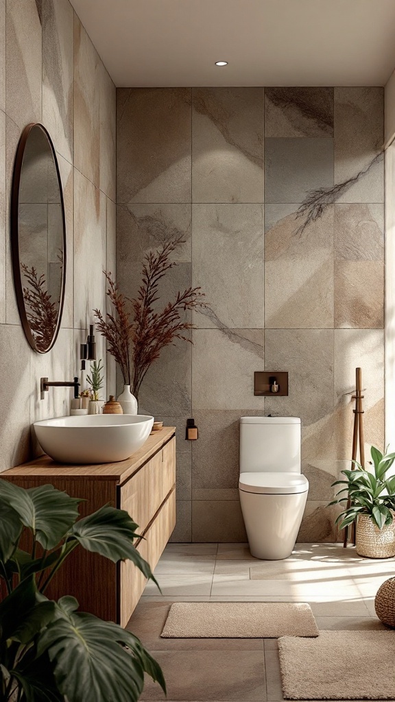 A modern bathroom with outdoor-inspired tiles, featuring earthy tones, wooden elements, and plants for a natural feel.