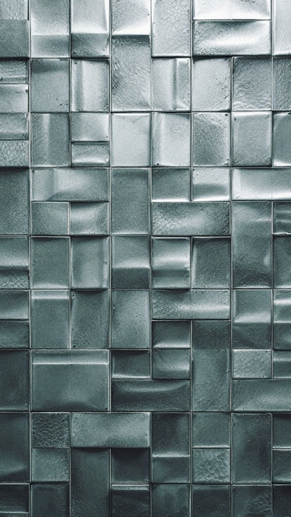 A close-up view of textured bathroom tiles in various shapes and finishes.