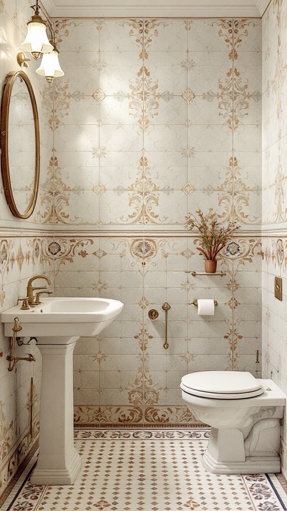 A vintage styled bathroom featuring intricate floral tiles, a pedestal sink, and warm lighting.