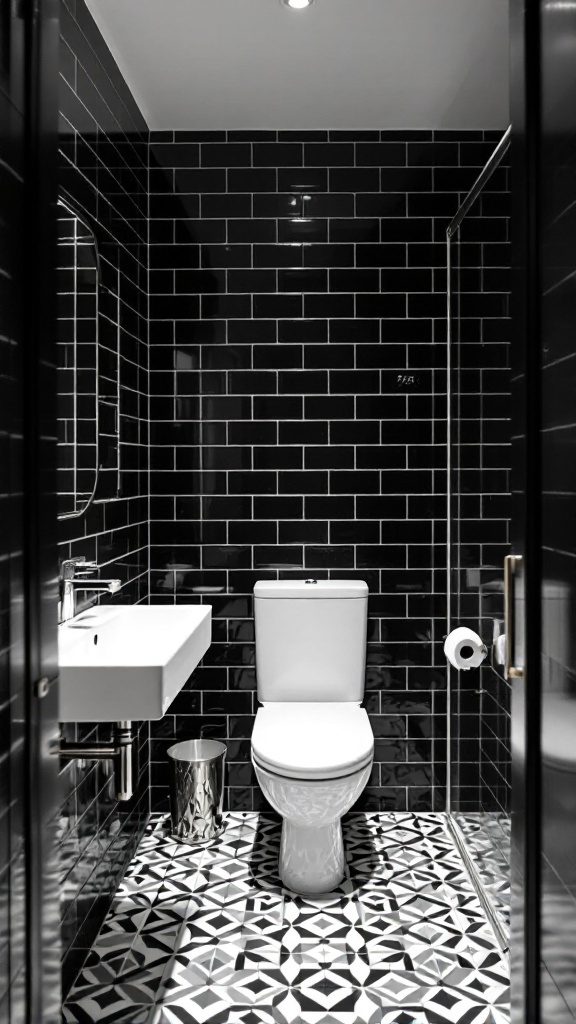 Small bathroom with black subway tiles and a bold geometric patterned floor