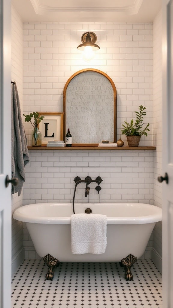 A stylish bathroom featuring classic white subway tiles, a vintage clawfoot bathtub, and decorative elements.